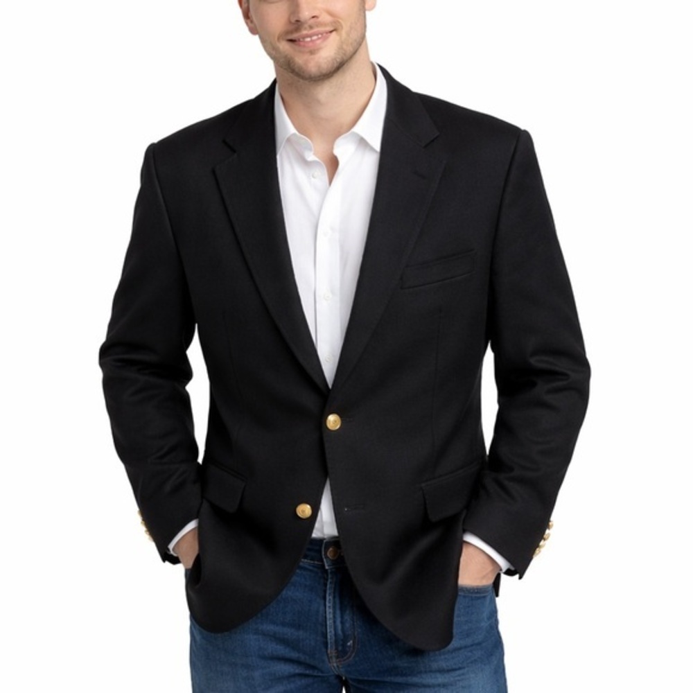 Black Wool Blazer Mens 46L Double Gold Crested Buttons Wedding Guest Coat/Jacket